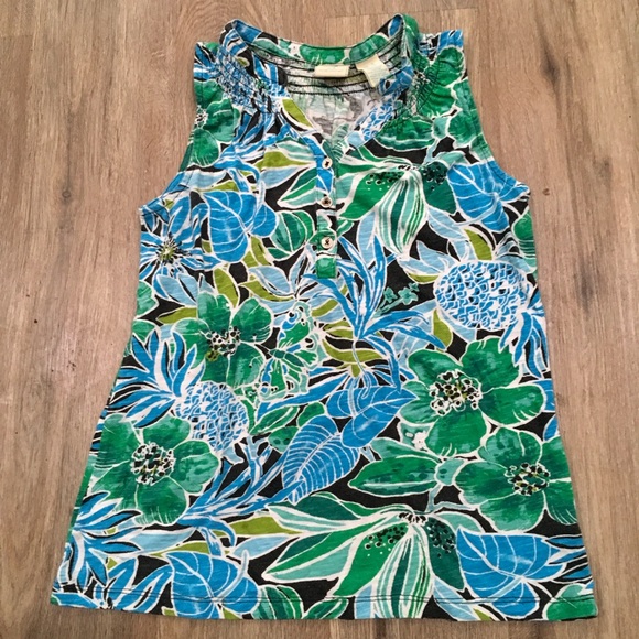 Caribbean Joe Tops - Floral Sleeveless Top - Green and Blue